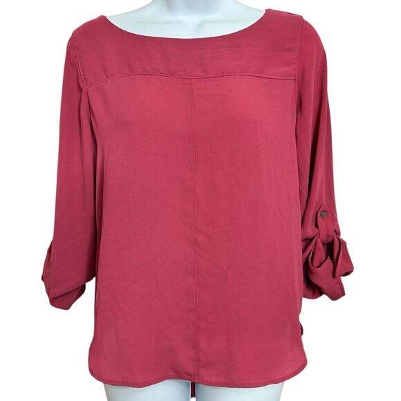 Ann Taylor LOFT Blouse Sz S Petite Rosy Pink Long Roll Tab Sleeves Career Office - Picture 5 of 7